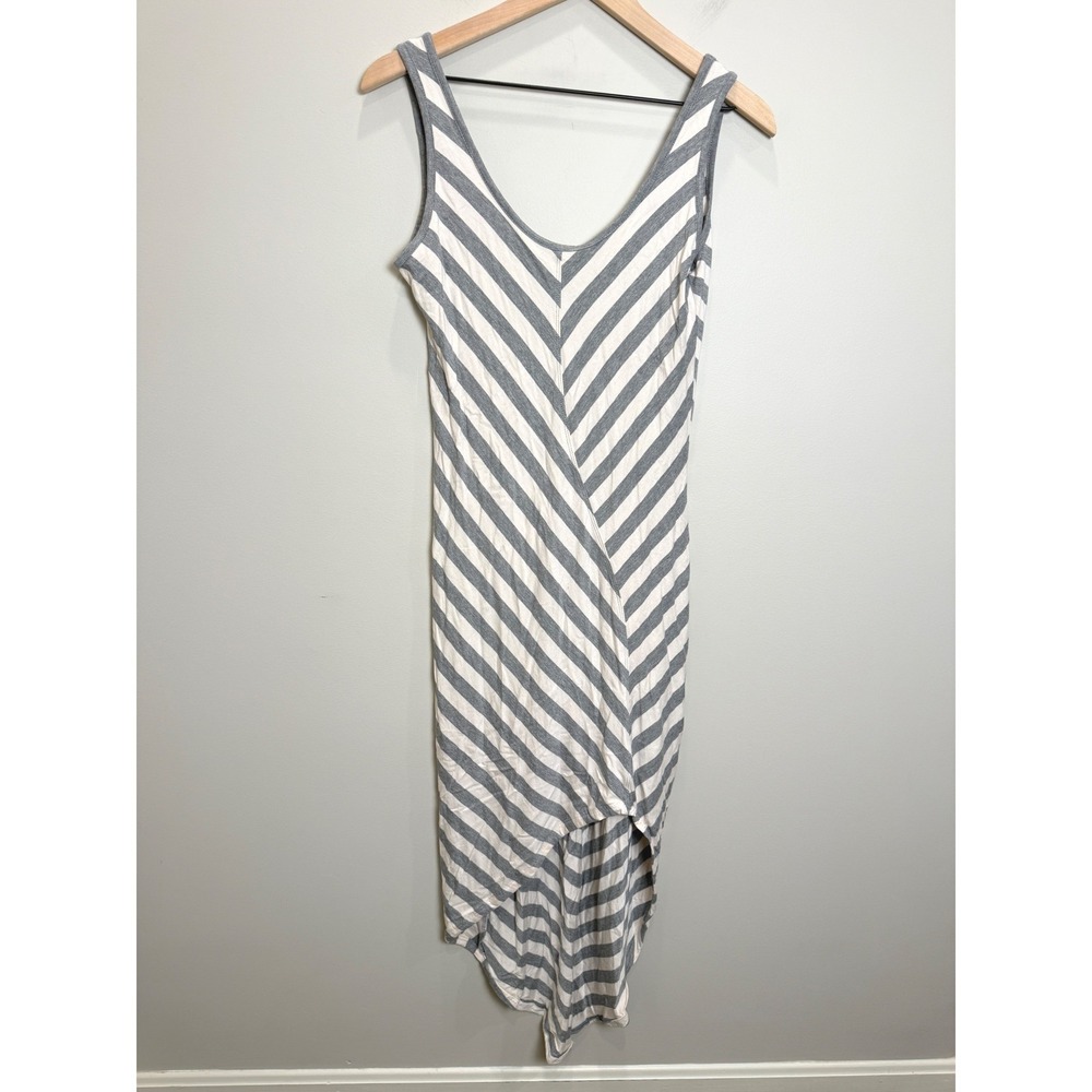 Athleta High Low Hem Tank Maxi Dress Gray White Stripe Jersey Knit Viscose S